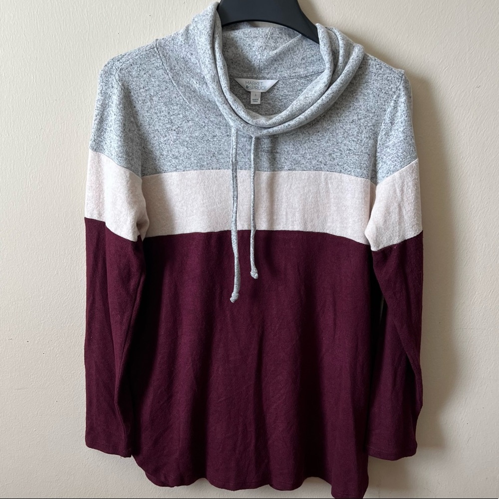 MARKET & SPRUCE Soft Curved Hem Colorblock Drawstring Cowl Neck Pullover Sweater